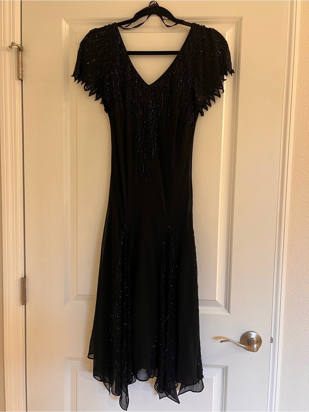 JKARA Black Beaded Art Deco Midi Dress Vintage Gatsby 1920s Style